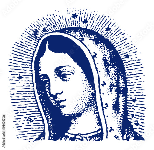 Traditional vintage engraving of the Virgin Mary with a radiant halo of light