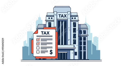 Flat vector illustration of tax office building with approved tax document and check mark, financial service concept for accounting, income tax filing, government revenue and business compliance