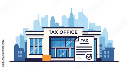 Flat vector illustration of tax office building with approved tax document and check mark, financial service concept for accounting, income tax filing, government revenue and business compliance