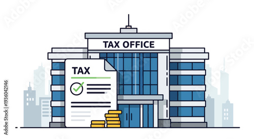 Flat vector illustration of tax office building with approved tax document and check mark, financial service concept for accounting, income tax filing, government revenue and business compliance