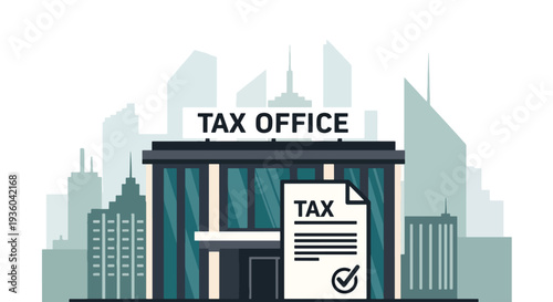 Flat vector illustration of tax office building with approved tax document and check mark, financial service concept for accounting, income tax filing, government revenue and business compliance