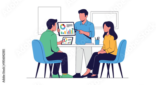 Flat vector illustration of financial advisor explaining tax deduction report to couple in modern office, accounting consultation concept for income tax filing, savings strategy, and business finance 