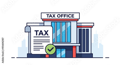 Flat vector illustration of tax office building with approved tax document and check mark, financial service concept for accounting, income tax filing, government revenue and business compliance