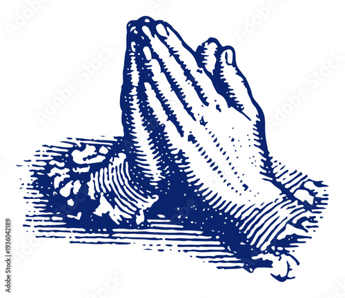 Close up vintage woodcut illustration of hands clasped together in deep prayer