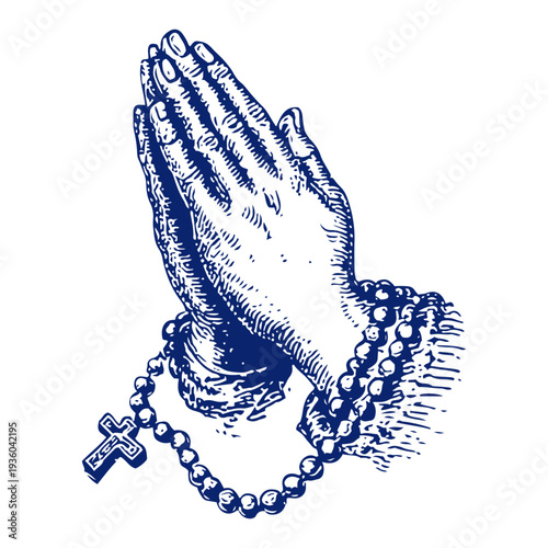 Detailed vintage engraving of praying hands holding a rosary with a crucifix