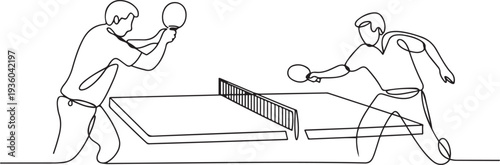 Continuous line drawing of two people playing table tennis, one line art icon drawing vector
