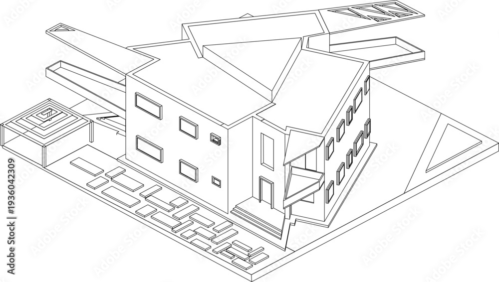 Fototapeta premium Technical isometric architectural drawing of a modern building with angular rooflines, rectangular windows, and entrance stairs, set on a landscaped site plan base in black and white line art.