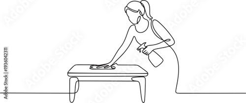 Continuous line drawing of a woman cleaning a table with a spray bottle and cloth, one line art icon drawing vector