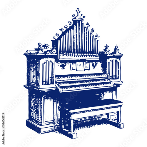 Classical pipe organ musical instrument from a church or cathedral in vintage woodcut style