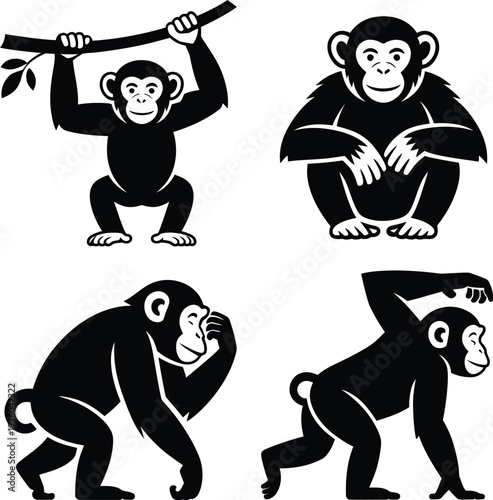 Four black monkey silhouettes in different poses monkeys
