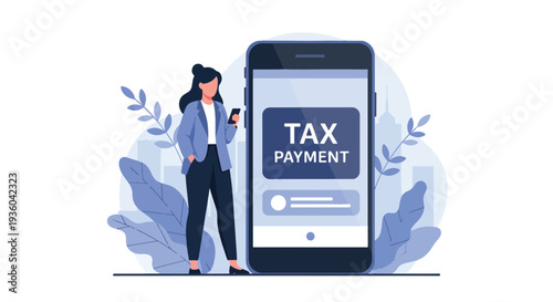 Modern vector illustration of individual paying tax through mobile banking application. Secure online transaction and digital finance compliance concept