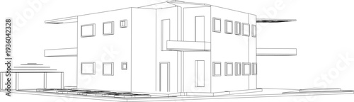 Technical isometric architectural drawing showing modern cubic building with cantilevered horizontal elements, rectangular windows and entrance canopy in black and white line art style.