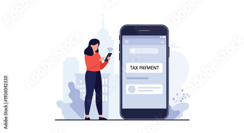 Modern vector illustration of individual paying tax through mobile banking application. Secure online transaction and digital finance compliance concept