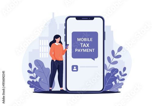 Modern vector illustration of individual paying tax through mobile banking application. Secure online transaction and digital finance compliance concept