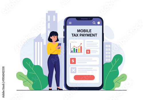 Modern vector illustration of individual paying tax through mobile banking application. Secure online transaction and digital finance compliance concept