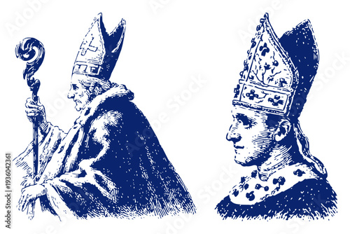 Two vintage portraits of high church officials wearing miters and holding a crozier