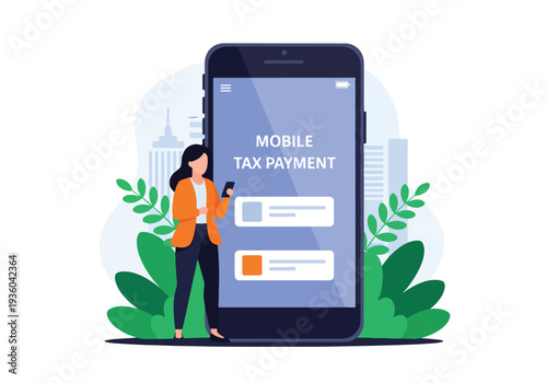 Modern vector illustration of individual paying tax through mobile banking application. Secure online transaction and digital finance compliance concept