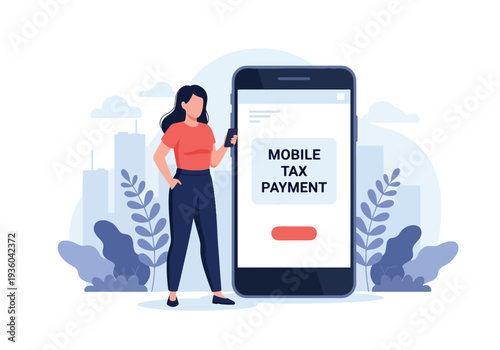 Modern vector illustration of individual paying tax through mobile banking application. Secure online transaction and digital finance compliance concept
