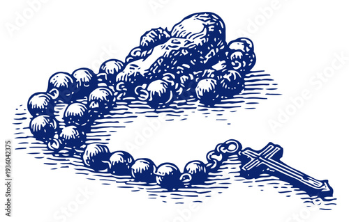 Rosary beads with a crucifix cross in classic vintage engraving style