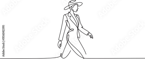 Continuous line drawing of a stylish woman in blazer and hat, walking confidently. one line art icon drawing vector