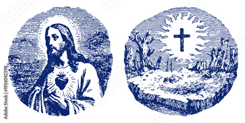 Two circular religious emblems depicting Jesus and the resurrection scene with a cross