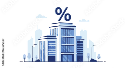 Flat vector illustration of modern office building with percentage symbol above, property tax and corporate rate concept for real estate investment, financial growth, banking and business economy