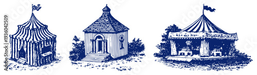 Collection of vintage medieval tents and circus pavilions in detailed engraving style illustration