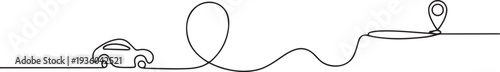 Continuous line drawing of destination line path of car route with starting point location, one line art icon drawing vector