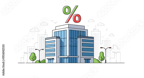 Flat vector illustration of modern office building with percentage symbol above, property tax and corporate rate concept for real estate investment, financial growth, banking and business economy