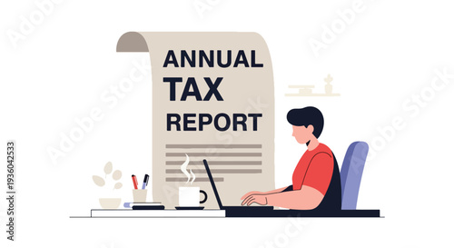 Modern vector illustration of freelancer preparing annual tax report at home office desk with laptop and receipt stack. Independent worker financial compliance concept