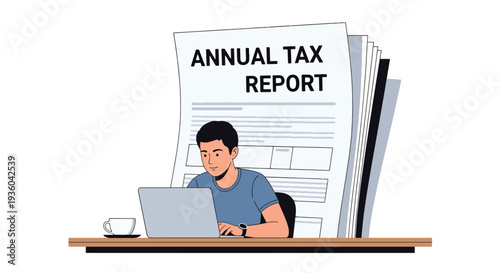 Modern vector illustration of freelancer preparing annual tax report at home office desk with laptop and receipt stack. Independent worker financial compliance concept