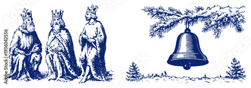 Three wise men epiphany figures and a christmas bell hanging on branch vintage engraving style