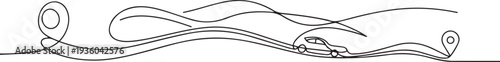 Continuous line drawing of destination line path of car route with starting point location, one line art icon drawing vector