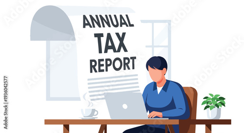 Modern vector illustration of freelancer preparing annual tax report at home office desk with laptop and receipt stack. Independent worker financial compliance concept