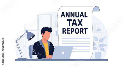 Modern vector illustration of freelancer preparing annual tax report at home office desk with laptop and receipt stack. Independent worker financial compliance concept
