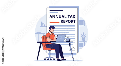 Modern vector illustration of freelancer preparing annual tax report at home office desk with laptop and receipt stack. Independent worker financial compliance concept