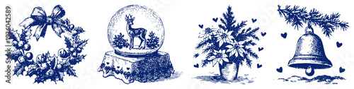 Set of christmas holiday ornaments including wreath snowglobe flowers and bell in vintage woodcut style