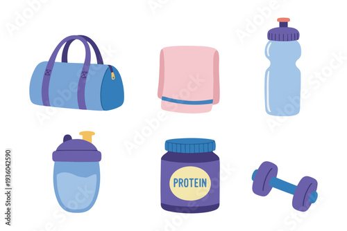 Gym Workout Fitness Accessories and Protein Supplements Vector Illustration