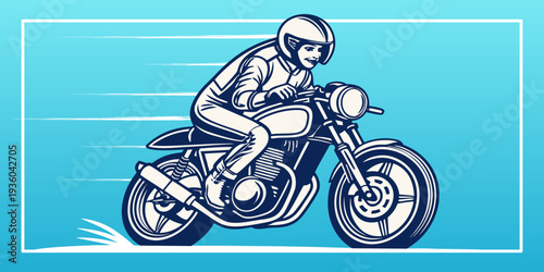 Detailed motorcycle rider in modern flat style with clean background. Biker lifestyle vector illustration for automotive branding, posters and apparel graphics.
