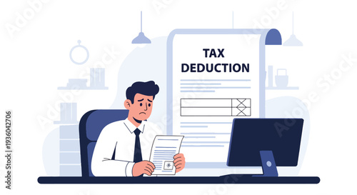 Modern vector illustration of employee reviewing paycheck with visible tax deductions. Payroll taxation and income breakdown concept in workplace setting