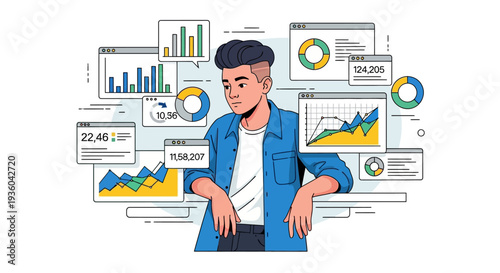 A young businessman in a blue jacket looks at data visualization graphs and charts on various digital devices in a vibrant office setting with a trend of Gen Z marketing