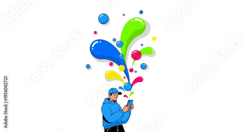 A young businessman in blue holds a tablet surrounded by vibrant colorful splashes and dots in a trendy flat illustration for Gen Z marketing and social media