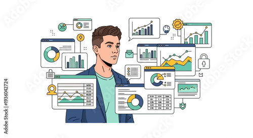A young businessman surrounded by floating graphs and charts in a colorful, flat illustration with vibrant trend designs for Gen Z marketing and social media