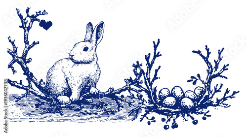 Easter bunny sitting near tree branch and nest with eggs in vintage engraving style