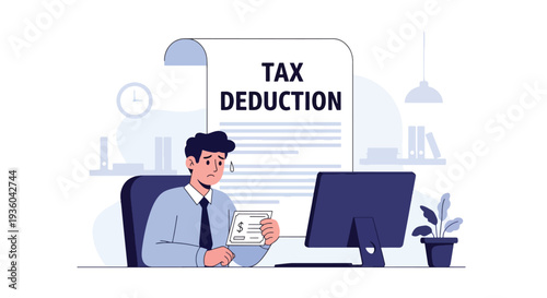 Modern vector illustration of employee reviewing paycheck with visible tax deductions. Payroll taxation and income breakdown concept in workplace setting