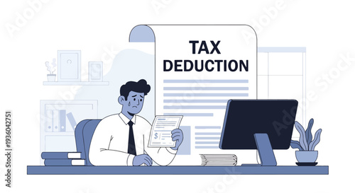 Modern vector illustration of employee reviewing paycheck with visible tax deductions. Payroll taxation and income breakdown concept in workplace setting