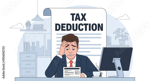 Modern vector illustration of employee reviewing paycheck with visible tax deductions. Payroll taxation and income breakdown concept in workplace setting