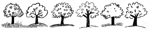 Set of simple trees, hand-drawn botanical doodle collection, diverse deciduous trees for landscape design