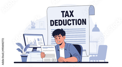Modern vector illustration of employee reviewing paycheck with visible tax deductions. Payroll taxation and income breakdown concept in workplace setting