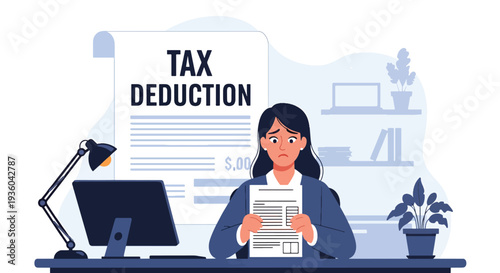Modern vector illustration of employee reviewing paycheck with visible tax deductions. Payroll taxation and income breakdown concept in workplace setting